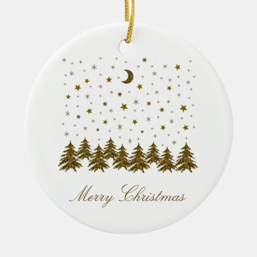 輝く金ゴールドクリスマスツリー、月、星 セラミックオーナメント (正面)