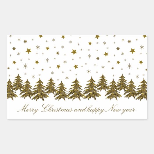 輝く金ゴールドクリスマスツリー、月、星 長方形シール (正面)