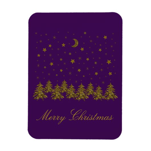 輝く金ゴールドクリスマスツリー、月、紫の星 マグネット (縦)