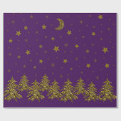 輝く金ゴールドクリスマスツリー、月、紫の星 ラッピングペーパー (フラット)