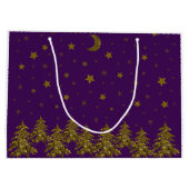 輝く金ゴールドクリスマスツリー、月、紫の星 ラージペーパーバッグ (裏面)