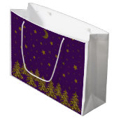 輝く金ゴールドクリスマスツリー、月、紫の星 ラージペーパーバッグ (正面アングル)