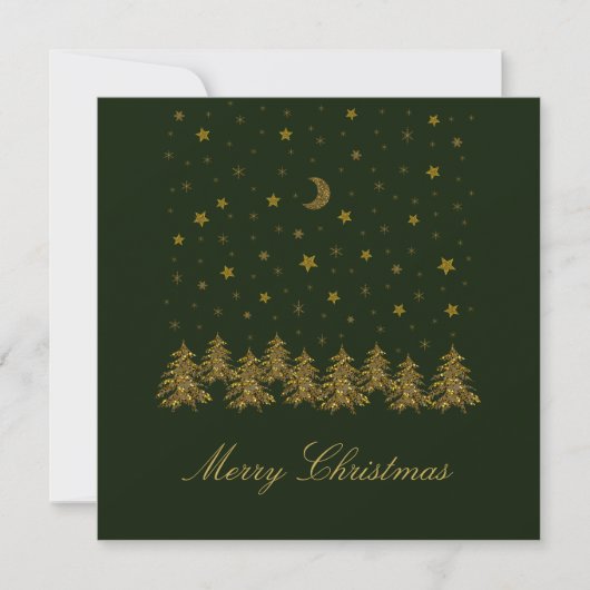 輝く金ゴールドクリスマスツリー、月、緑に星 シーズンカード (正面)