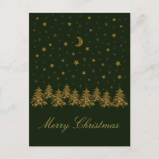 輝く金ゴールドクリスマスツリー、月、緑に星 シーズンポストカード (正面)