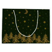 輝く金ゴールドクリスマスツリー、月、緑に星 ラージペーパーバッグ (裏面)