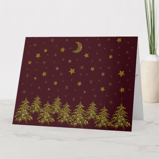 輝く金ゴールドクリスマスツリー、月、赤に星 カード (正面)
