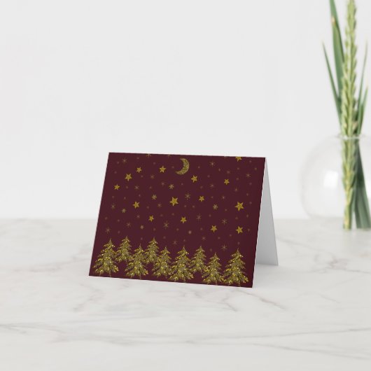 輝く金ゴールドクリスマスツリー、月、赤に星 サンキューカード (正面)