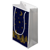輝く金ゴールドクリスマスツリー、月、青に星 スモールペーパーバッグ (正面アングル)