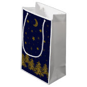 輝く金ゴールドクリスマスツリー、月、青に星 スモールペーパーバッグ (裏面アングル)