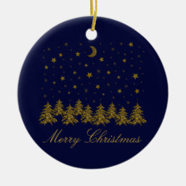 輝く金ゴールドクリスマスツリー、月、青に星 セラミックオーナメント