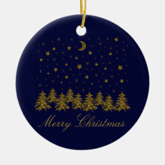 輝く金ゴールドクリスマスツリー、月、青に星 セラミックオーナメント (正面)