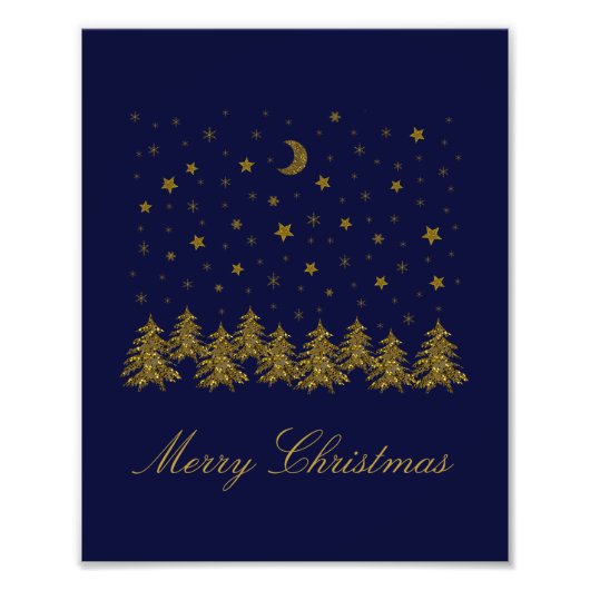 輝く金ゴールドクリスマスツリー、月、青に星 フォトプリント            (正面)