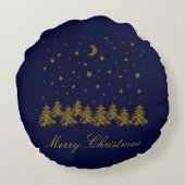 輝く金ゴールドクリスマスツリー、月、青に星 ラウンドクッション (裏面)