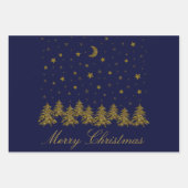 輝く金ゴールドクリスマスツリー、月、青に星 ラッピングペーパーシート (正面)