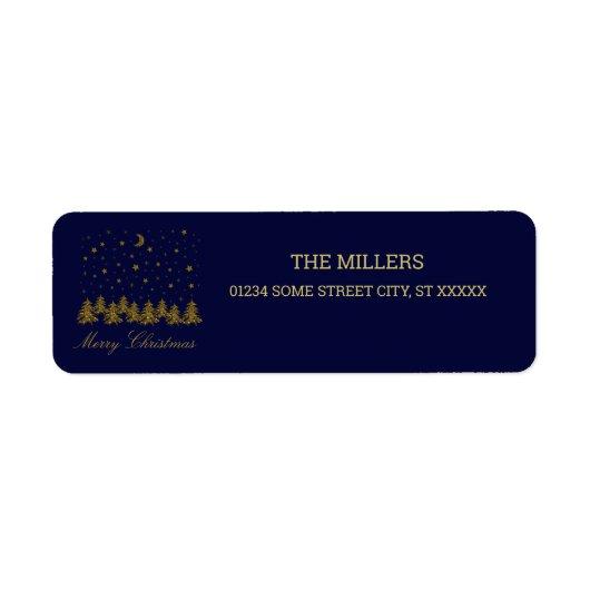輝く金ゴールドクリスマスツリー、月、青に星 ラベル (正面)