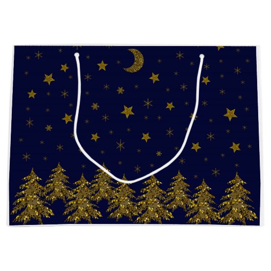輝く金ゴールドクリスマスツリー、月、青に星 ラージペーパーバッグ (正面)