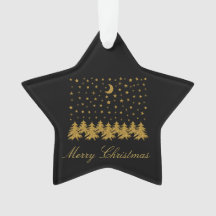 輝く金ゴールドクリスマスツリー、月、黒に星