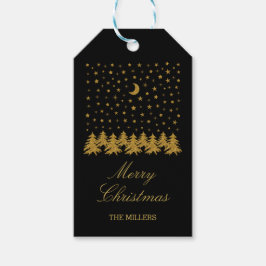 輝く金ゴールドクリスマスツリー、月、黒に星 ギフトタグ