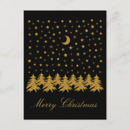 輝く金ゴールドクリスマスツリー、月、黒に星 シーズンポストカード
