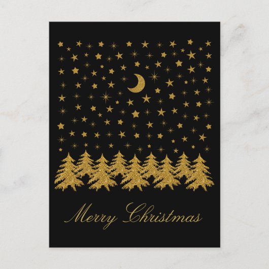 輝く金ゴールドクリスマスツリー、月、黒に星 シーズンポストカード (正面)