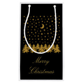 輝く金ゴールドクリスマスツリー、月、黒に星 スモールペーパーバッグ