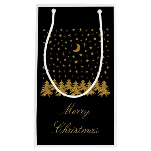 輝く金ゴールドクリスマスツリー、月、黒に星 スモールペーパーバッグ (正面)