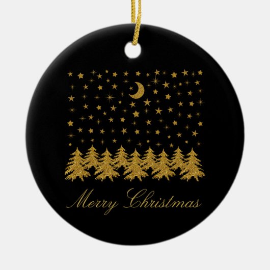輝く金ゴールドクリスマスツリー、月、黒に星 セラミックオーナメント (正面)
