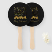 輝く金ゴールドクリスマスツリー、月、黒に星 ハンドファン (正面&裏面)