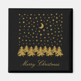 輝く金ゴールドクリスマスツリー、月、黒に星 マグネット