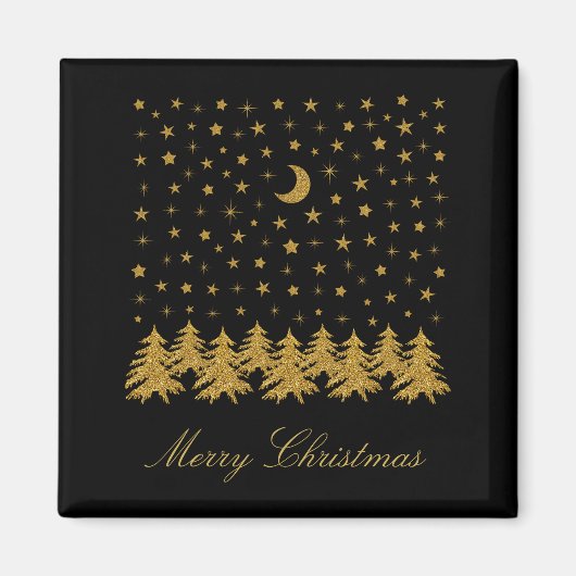 輝く金ゴールドクリスマスツリー、月、黒に星 マグネット (正面)