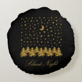 輝く金ゴールドクリスマスツリー、月、黒に星 ラウンドクッション (裏面)