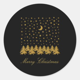 輝く金ゴールドクリスマスツリー、月、黒に星 ラウンドシール