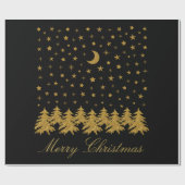 輝く金ゴールドクリスマスツリー、月、黒に星 ラッピングペーパー (フラット)