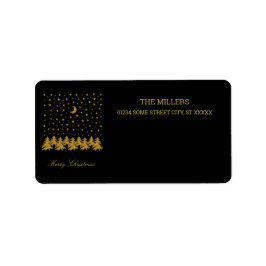 輝く金ゴールドクリスマスツリー、月、黒に星 ラベル
