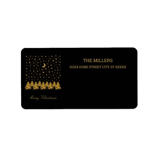 輝く金ゴールドクリスマスツリー、月、黒に星 ラベル (正面)