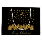 輝く金ゴールドクリスマスツリー、月、黒に星 ラージペーパーバッグ (裏面)