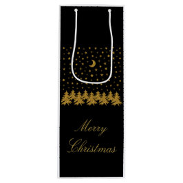 輝く金ゴールドクリスマスツリー、月、黒に星 ワインギフトバッグ