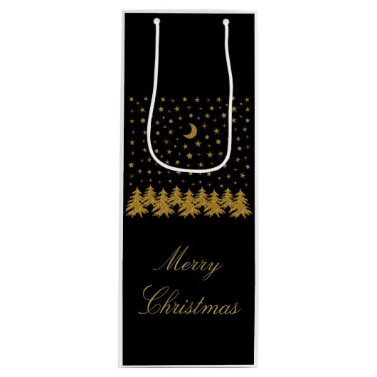 輝く金ゴールドクリスマスツリー、月、黒に星 ワインギフトバッグ (正面)