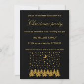 輝く金ゴールドクリスマスツリー、月、黒に星 招待状 (正面)