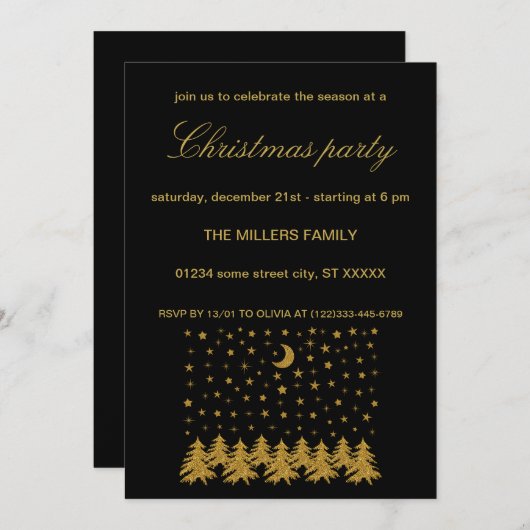 輝く金ゴールドクリスマスツリー、月、黒に星 招待状 (正面/裏面)