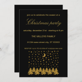 輝く金ゴールドクリスマスツリー、月、黒に星 招待状
