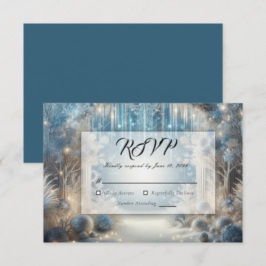 輝く雪に覆われた森の結婚式 出欠カード (正面/裏面)