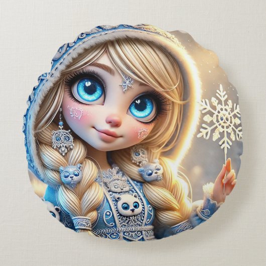 輝く雪の結晶とスノーマイデン ラウンドクッション (正面)