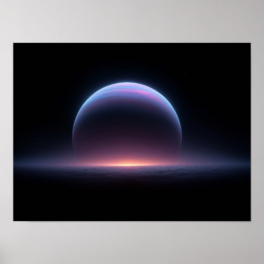 輝く青いガス惑星が雲の上空に昇る ポスター (正面)