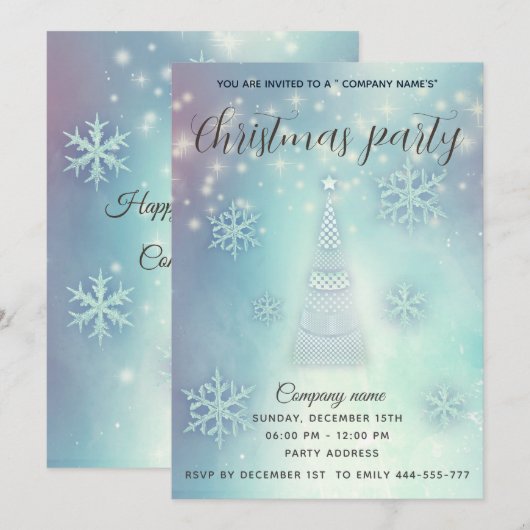 輝く青い雪の結晶が舞う企業のクリスマス 招待状 (正面/裏面)