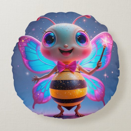 輝く魔法の蜂のキャラクター、羽がきらめく ラウンドクッション (正面)
