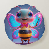 輝く魔法の蜂のキャラクター、羽がきらめく ラウンドクッション (裏面)
