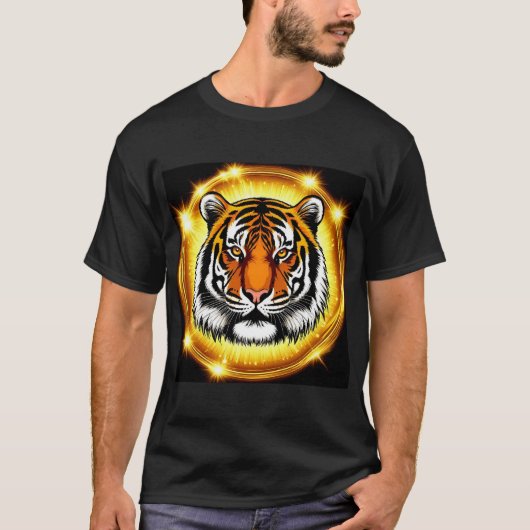 輝く黄金の光を放つ威厳あるトラの頭 Tシャツ (正面)