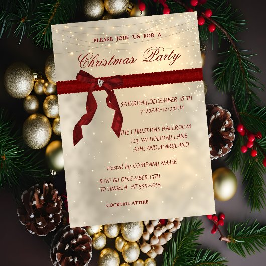 輝く、赤いリボン、企業のクリスマスパーティー 招待状