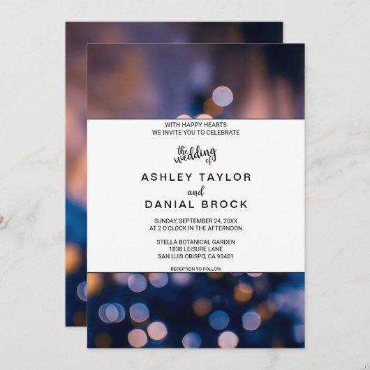 輝エレガントく光は青ぼやけの結婚Inv 招待状 (正面/裏面)